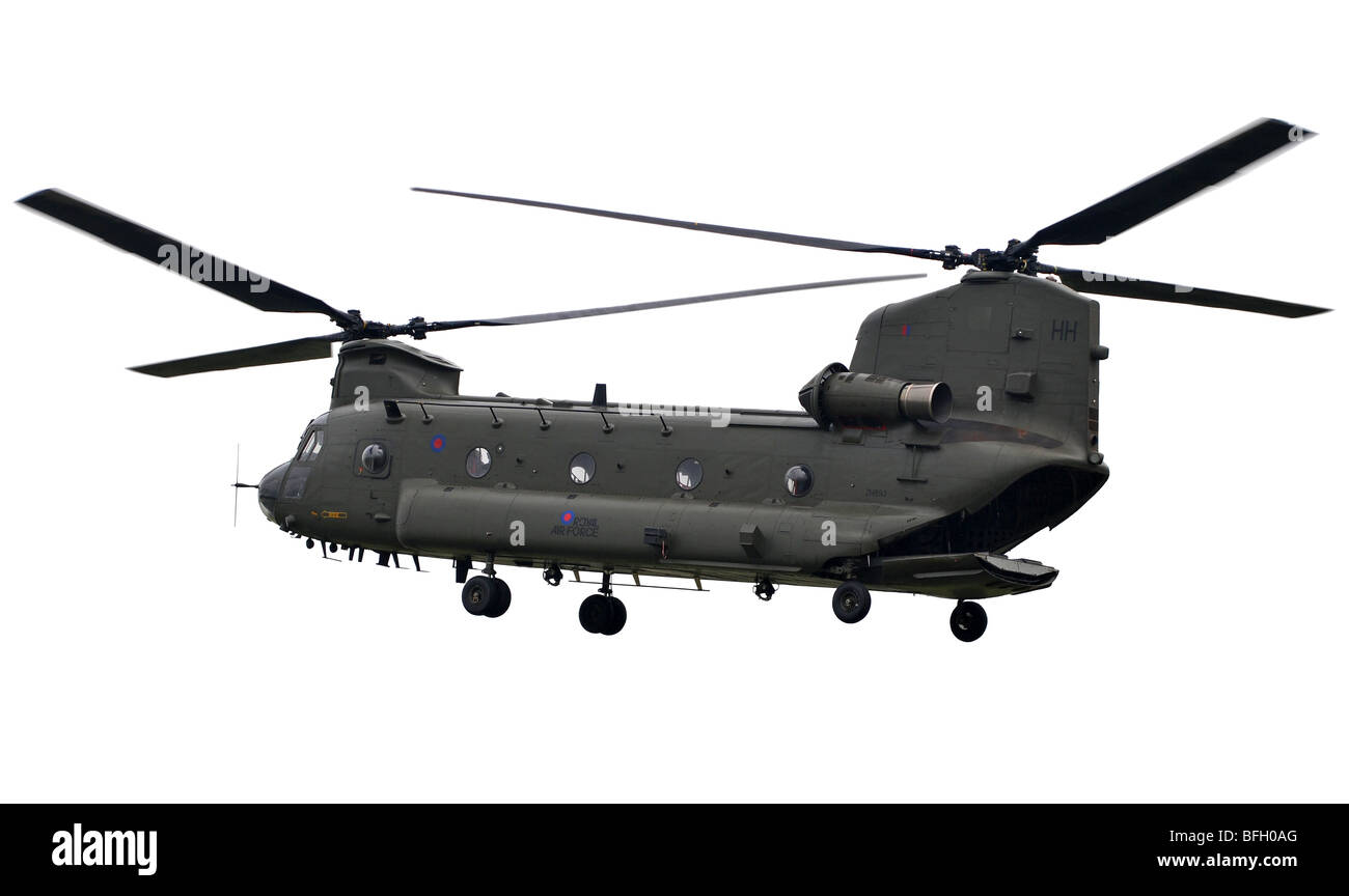 Elicottero Chinook, Chinook in volo, Chinook aeromobili militari, "Royal Air Force' elicottero Chinook su "Sfondo bianco" Foto Stock