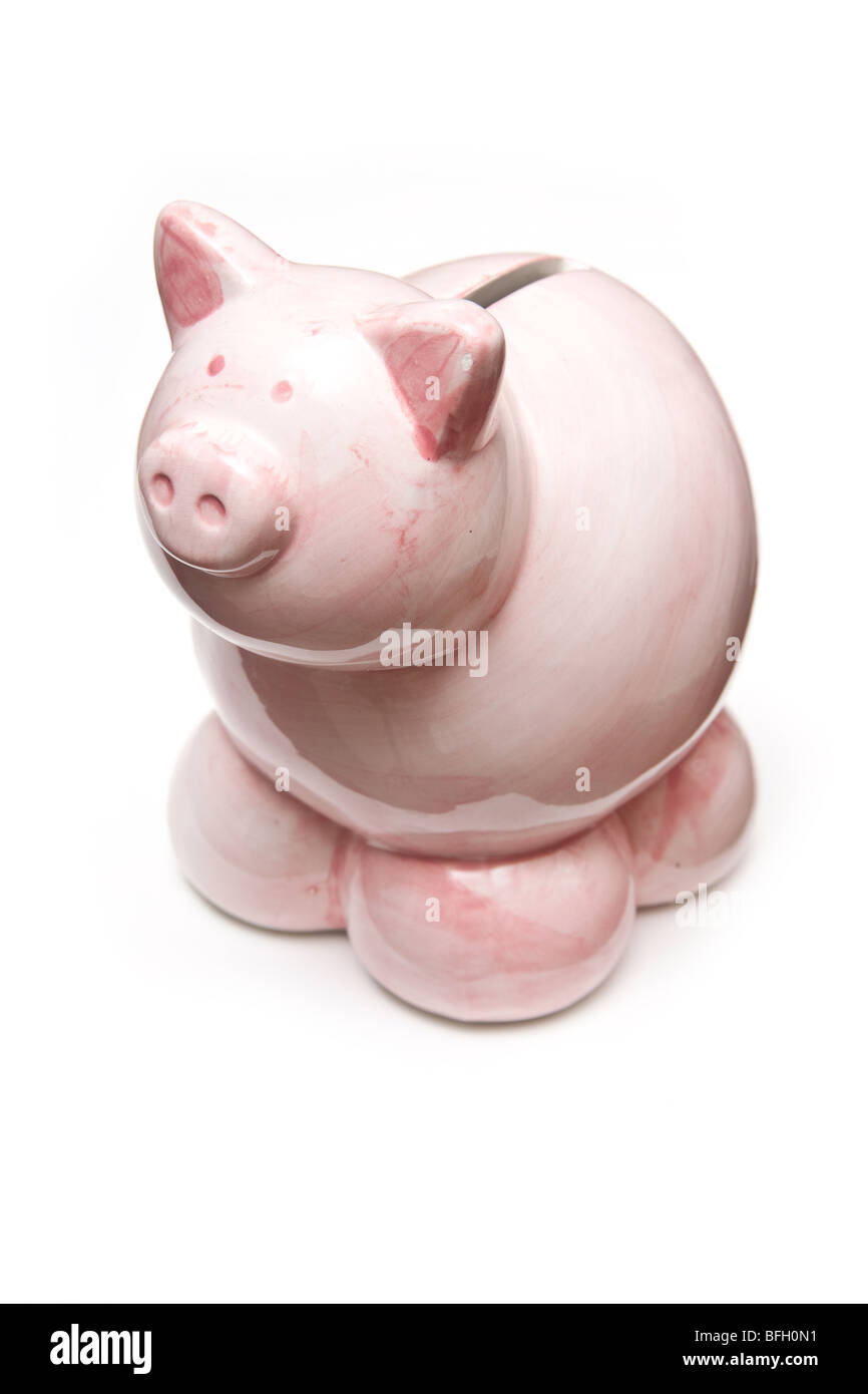 Rosa salvadanaio stile casella di denaro isolato su un bianco di sfondo per studio. Foto Stock