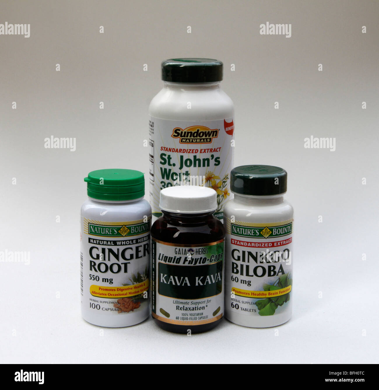 I supplementi a base di erbe in bottiglie: Gingko Biloba,San John's Wort, Kava Kava, radice di zenzero. Foto Stock