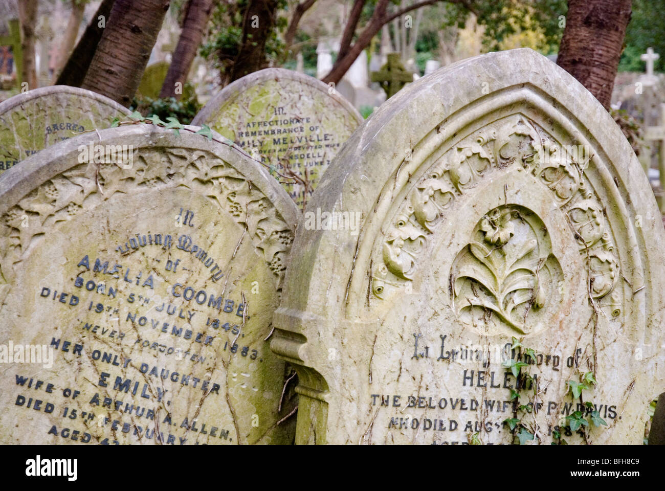 Lapidi presso il cimitero di Highgate a Londra England Regno Unito Foto Stock