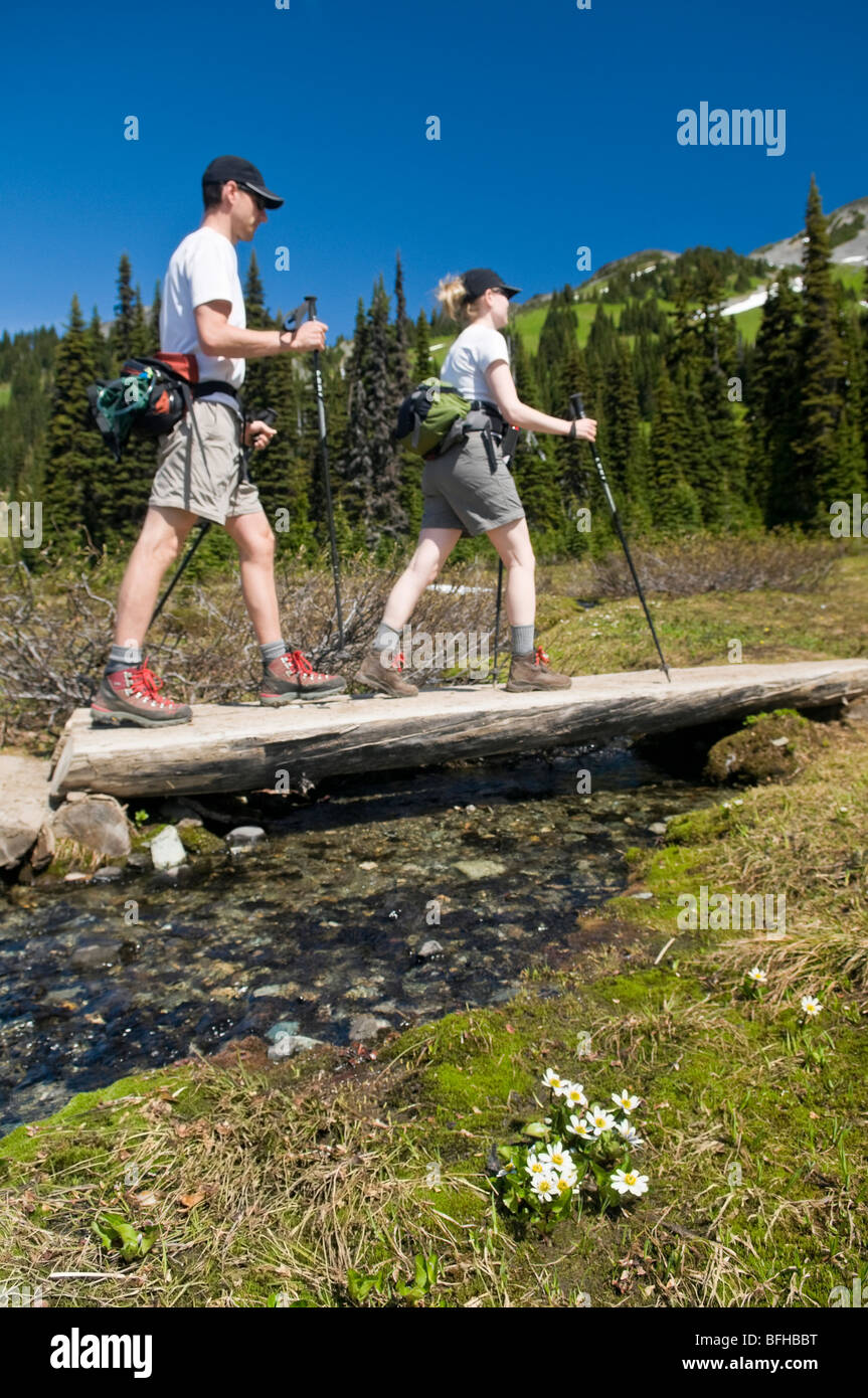 Gli escursionisti lungo il tragitto per il nero del brosmio nella Garibaldi Provincial Park vicino a Whistler BC. Foto Stock