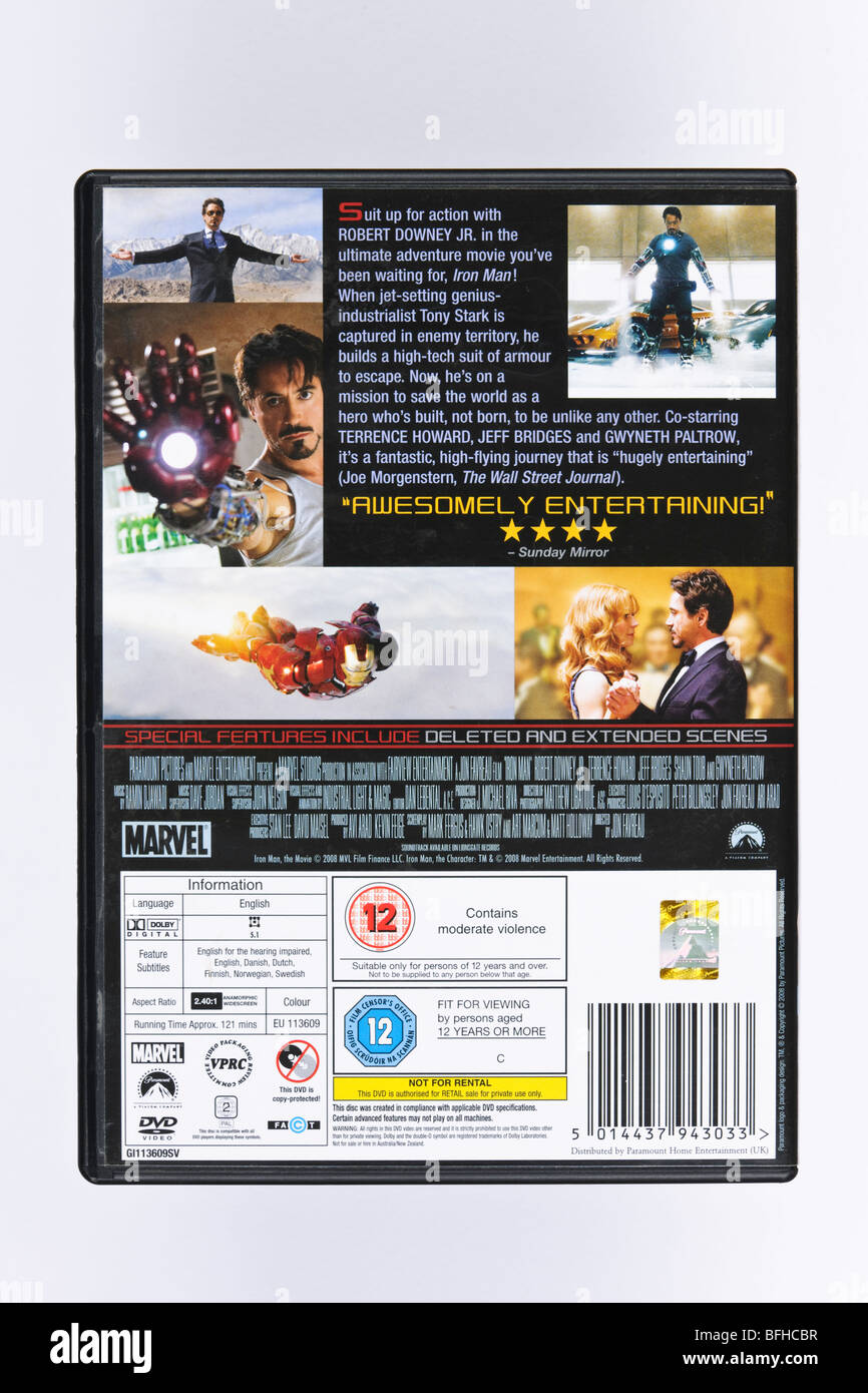 Retro del DVD case del film 'Ironman' con Robert Downey Jr come ricco  industriale Tony Stark Foto stock - Alamy