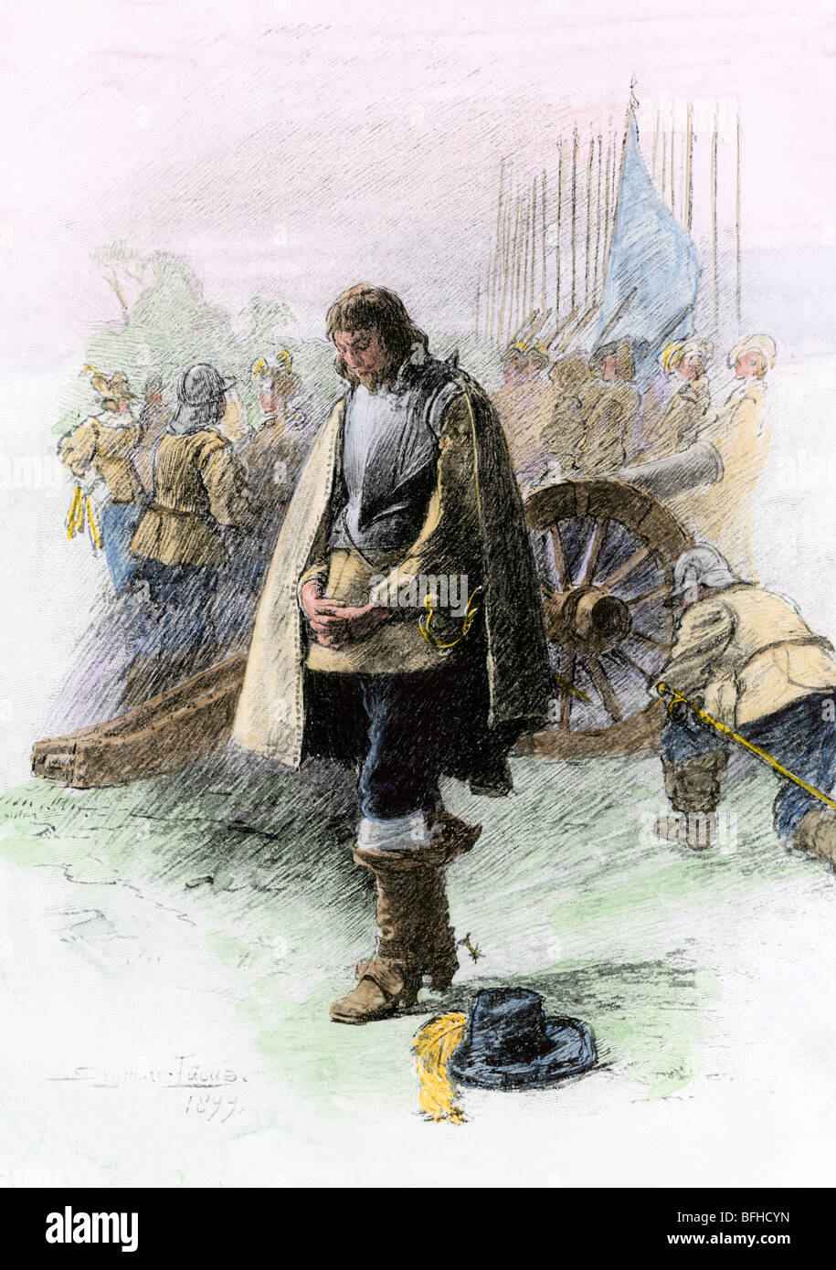 Cromwell nella preghiera prima della battaglia di Edgehill, Guerra Civile Inglese, 1642. Colorate a mano di mezzitoni una illustrazione Foto Stock