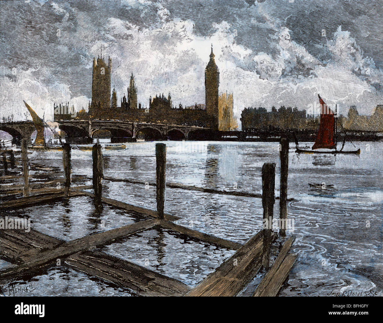 La Casa del Parlamento e di Westminster da tutta la Thames, London, 1800s. Colorate a mano la xilografia Foto Stock