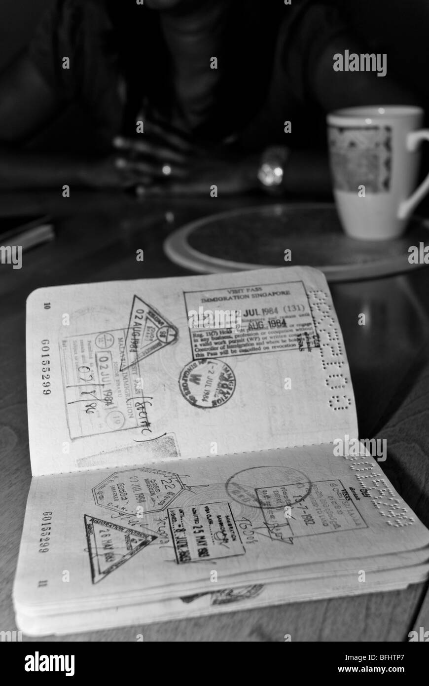 Internazionale di francobolli di immigrazione e visti in un passaporto Foto Stock