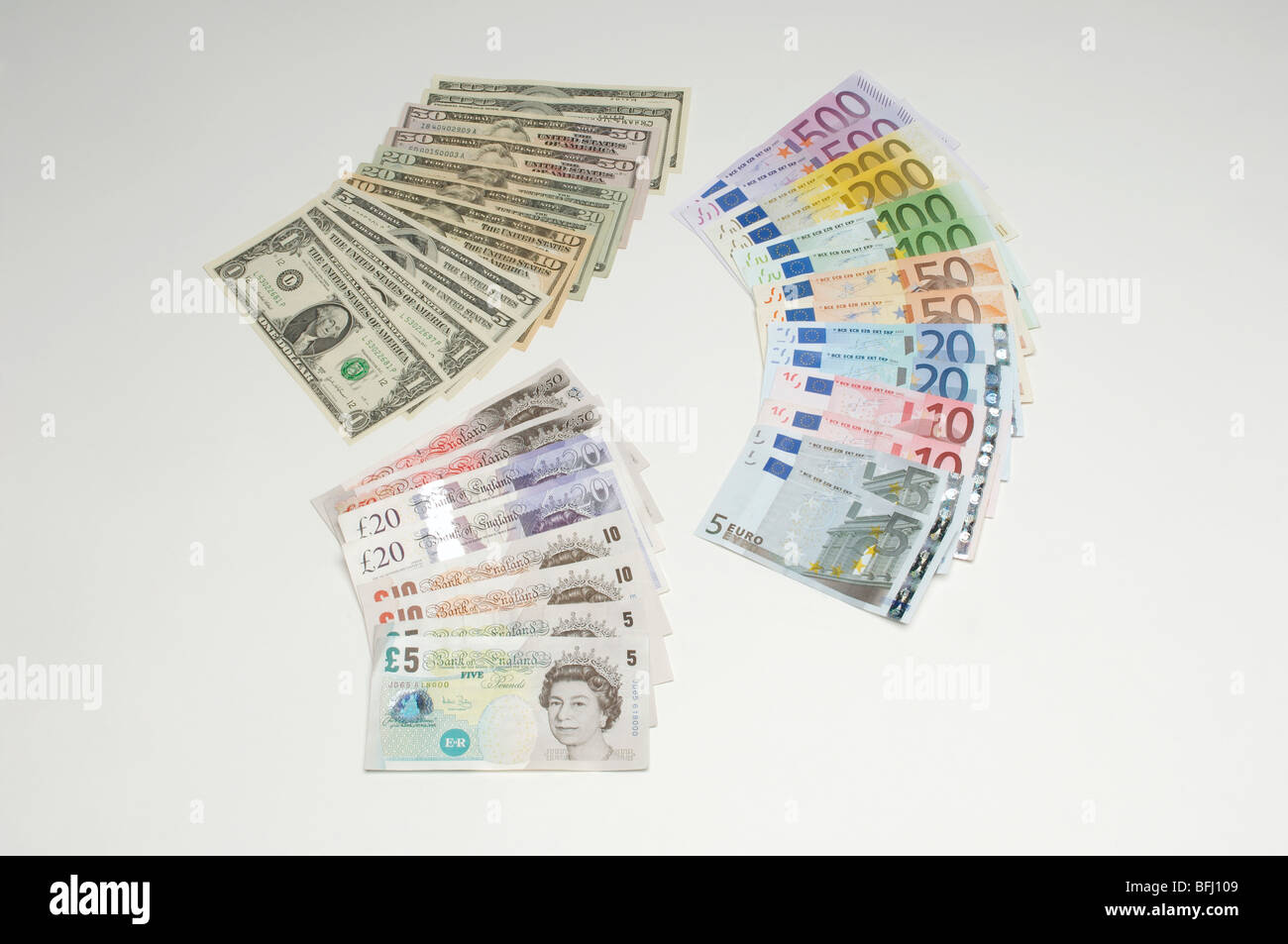 Americana, britannica e in euro e in valuta della carta Foto Stock