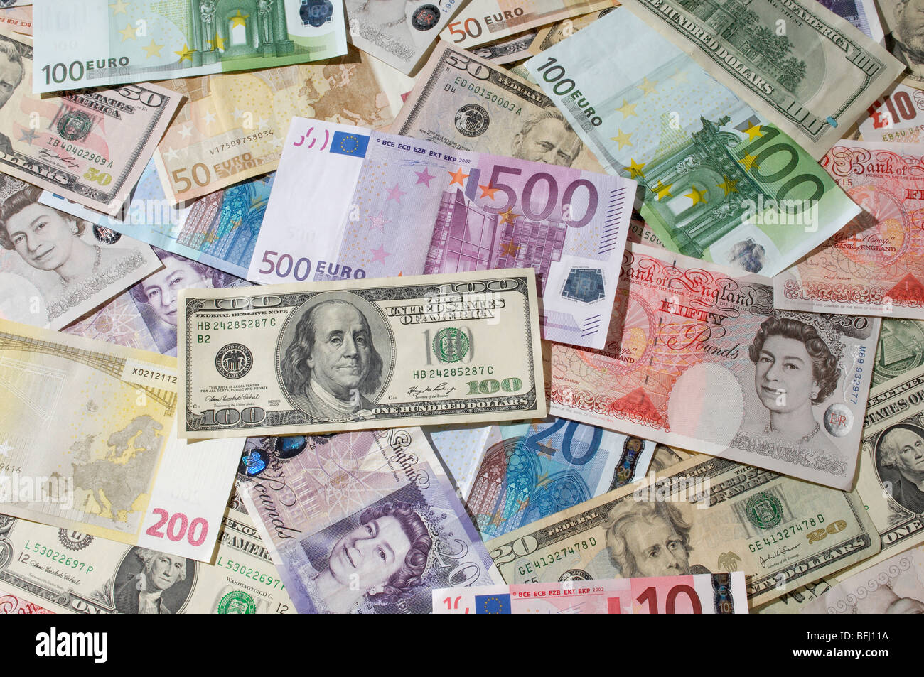 Americana, britannica e in euro e in valuta della carta Foto Stock