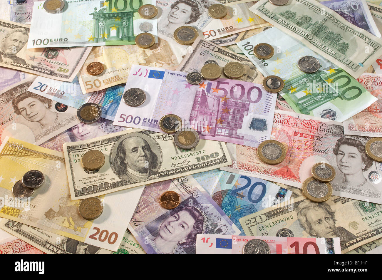 Americana, britannica e in euro e in valuta della carta Foto Stock
