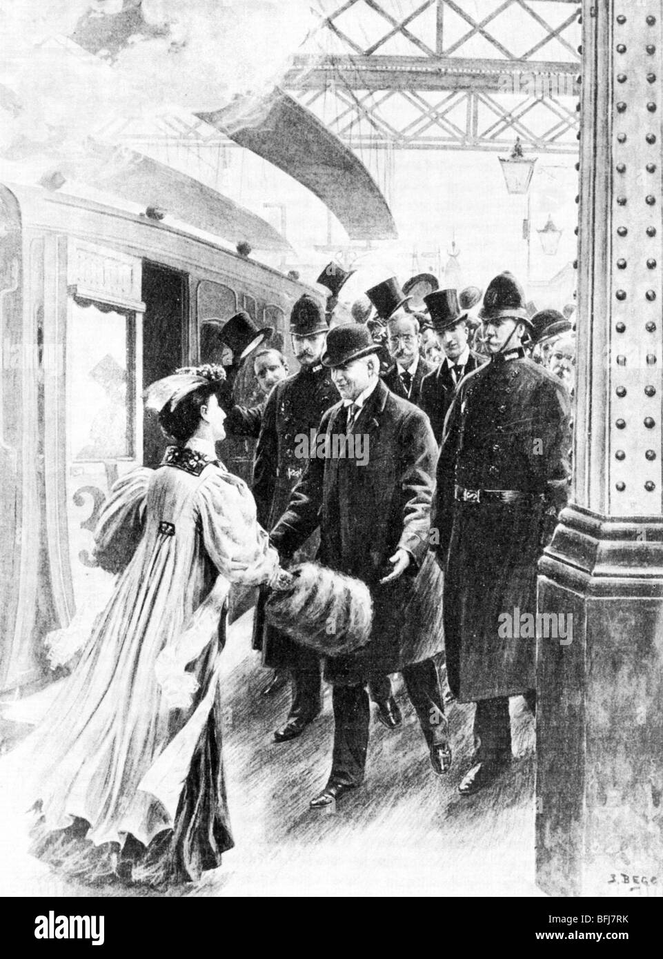 HERBERT ASQUITH arriva la stazione di Charing Cross 10 Aprile 1908 come nuovo Primo Ministro britannico per essere accolti dalla seconda moglie Margot Foto Stock