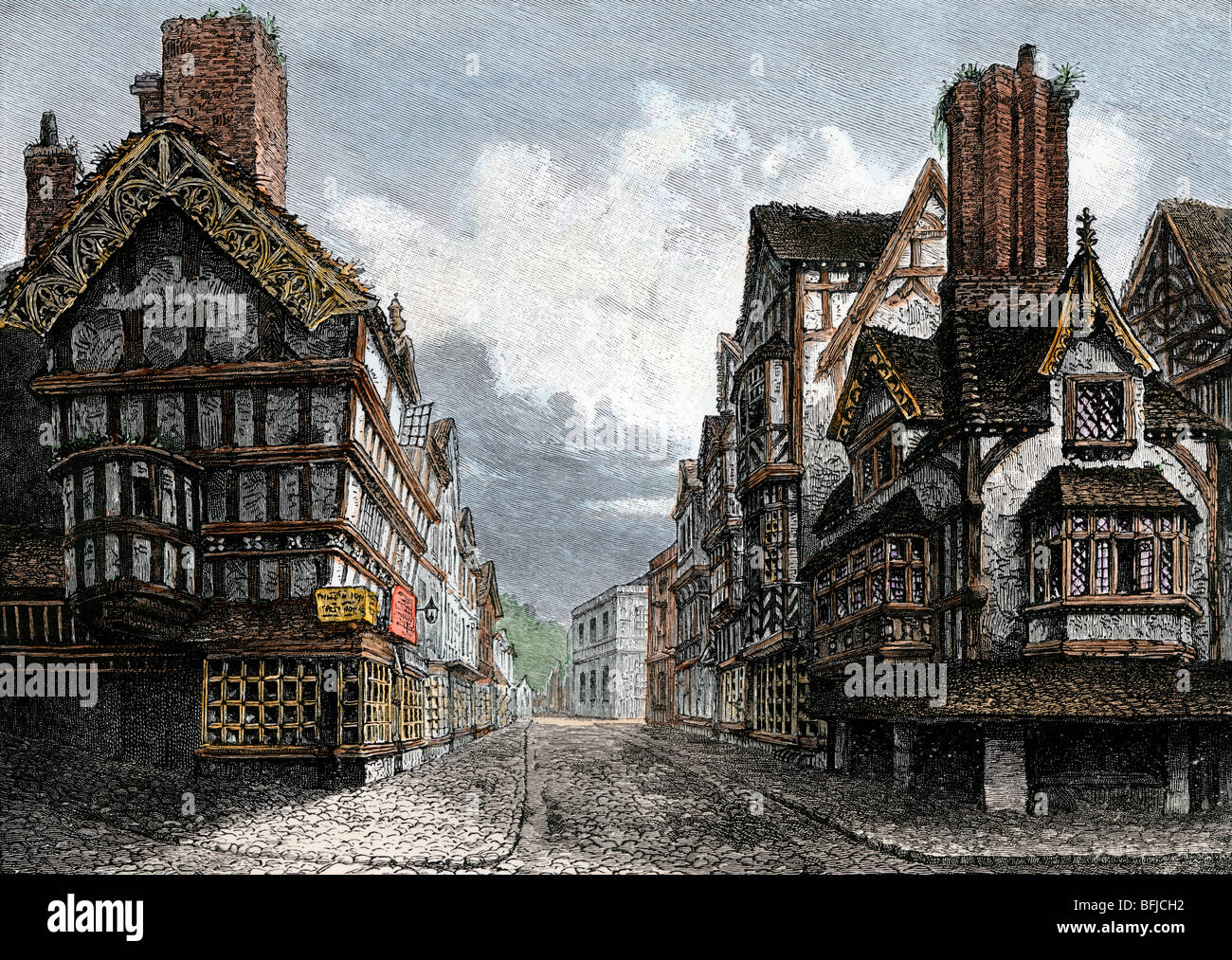 High Street, Shrewsbury, in Tudor Inghilterra. Colorate a mano la xilografia Foto Stock