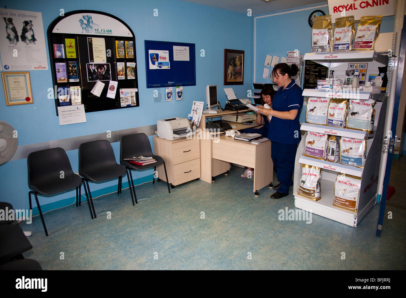 La reception e la sala di attesa in una clinica veterinaria Foto Stock