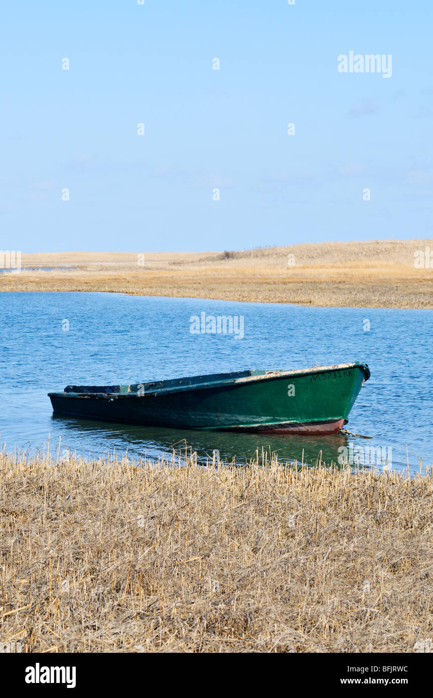 Parzialmente affondato vecchio legno verde skiff in Chatham, Cape Cod, STATI UNITI D'AMERICA Foto Stock