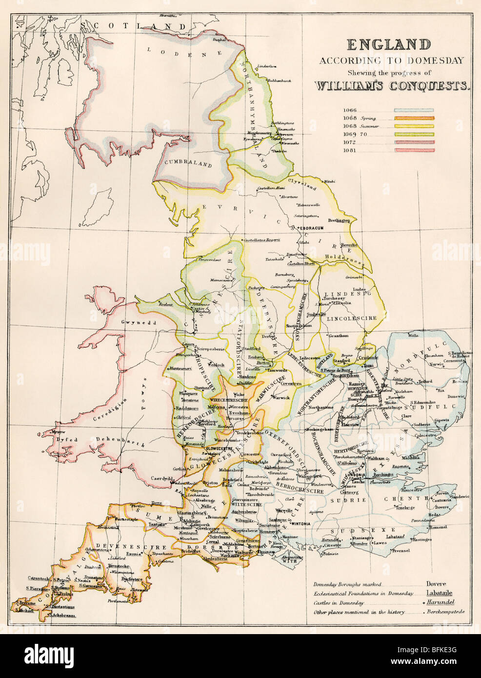Inghilterra al momento della conquista normanna, 1066-1081. Litografia a colori Foto Stock