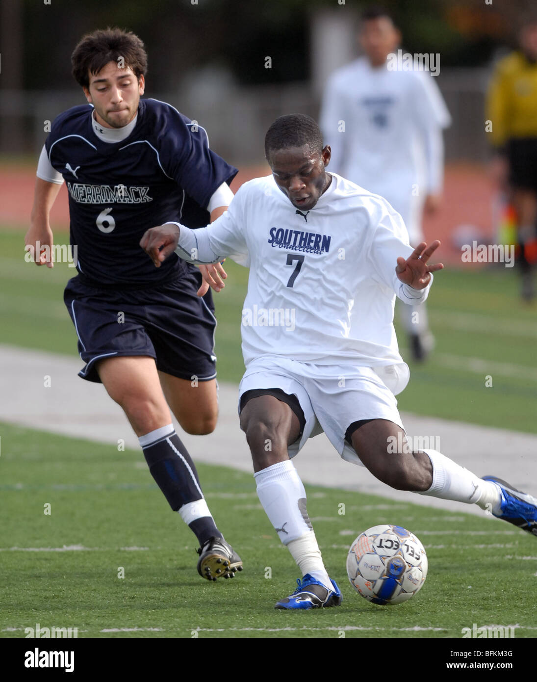 Azione di picco durante un gioco tra il sud del Connecticut State University e Merrimack University di New Haven CT STATI UNITI D'AMERICA Foto Stock
