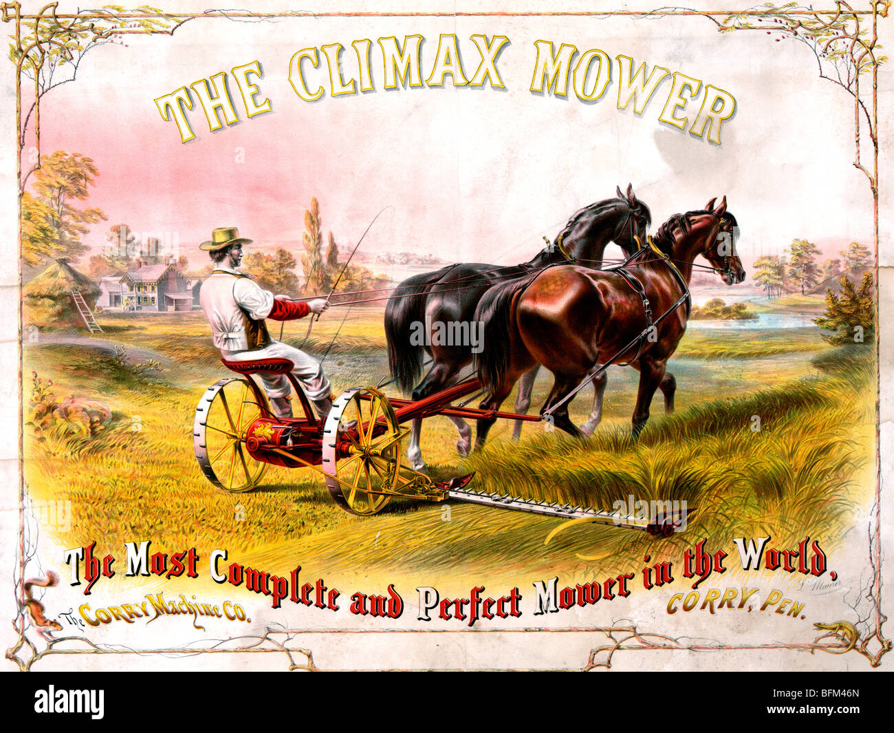 Il climax falciatrice, la più completa e perfetta con la falciatrice in tutto il mondo, il Corry Machine Company, Corry, Pennsylvania - Annuncio Foto Stock