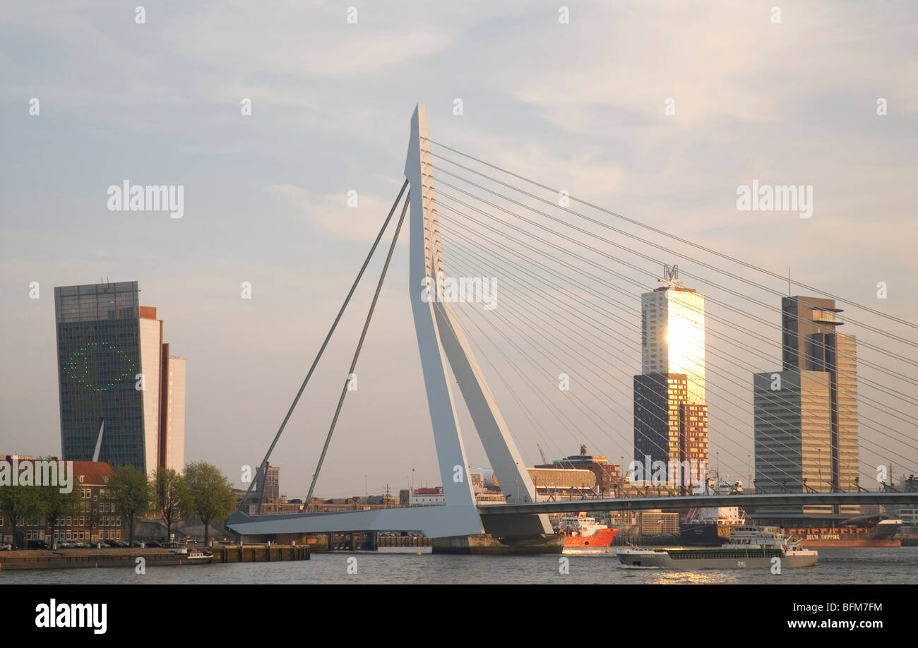 Il ponte Erasmusbrug, progettato da Ben van Berkel, al tramonto - Ponte Erasmus, in Rotterdam, accanto a Renzo Piano Building Foto Stock