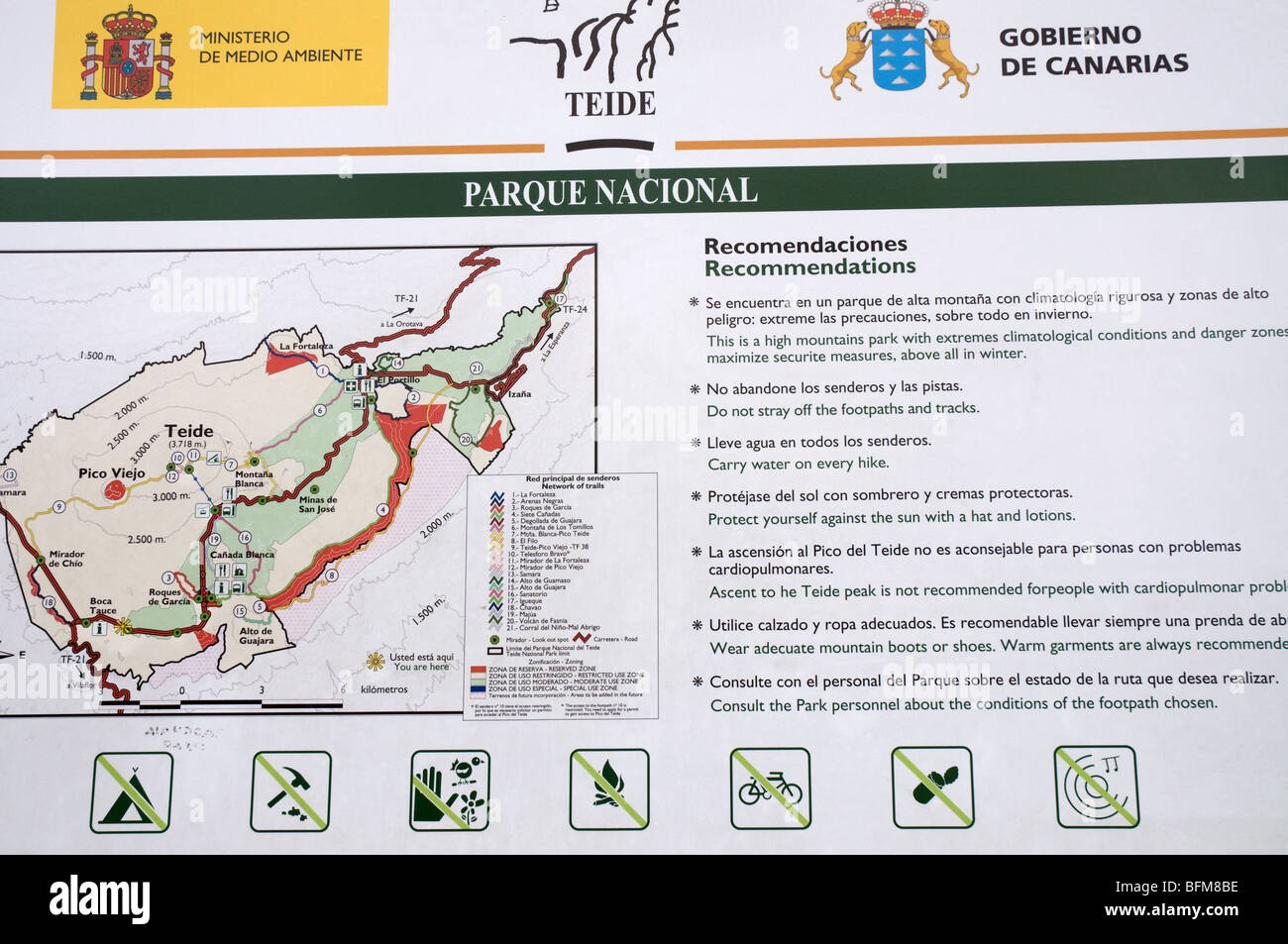 Parco Nazionale del Teide segno e mappa in Tenerife Foto Stock