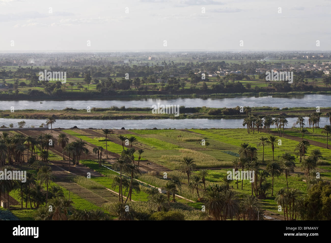 Vista la fertile pianura della valle del Nilo presi dalla roccia tombe di Beni Hassan tra Minya e Mallawi, Medio Egitto Foto Stock