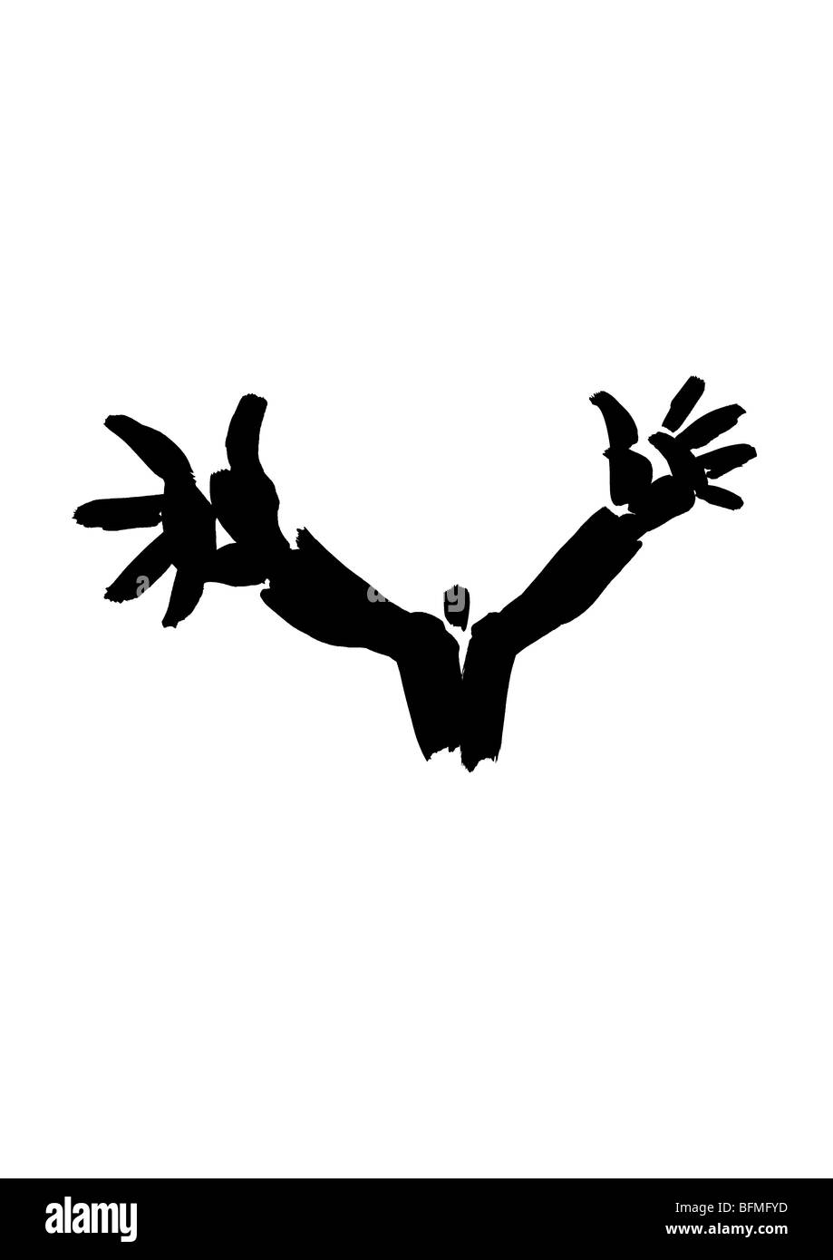 Illustrazione di imprenditore con le mani alzate, sfondo bianco Foto Stock