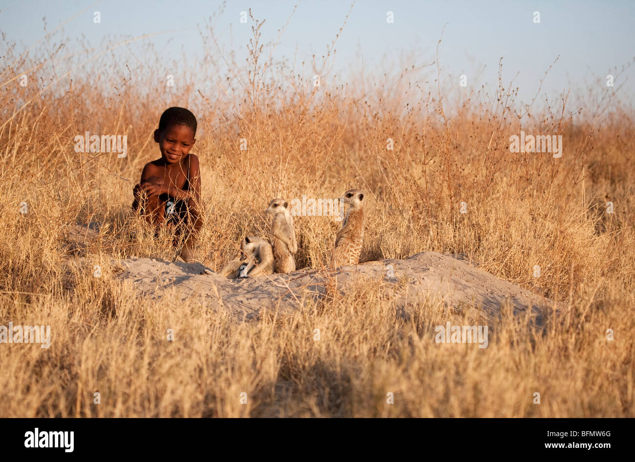 Il Botswana, Makgadikgadi, un bambino boscimane orologi una famiglia di meerkats dall ingresso alla loro burrow. Foto Stock