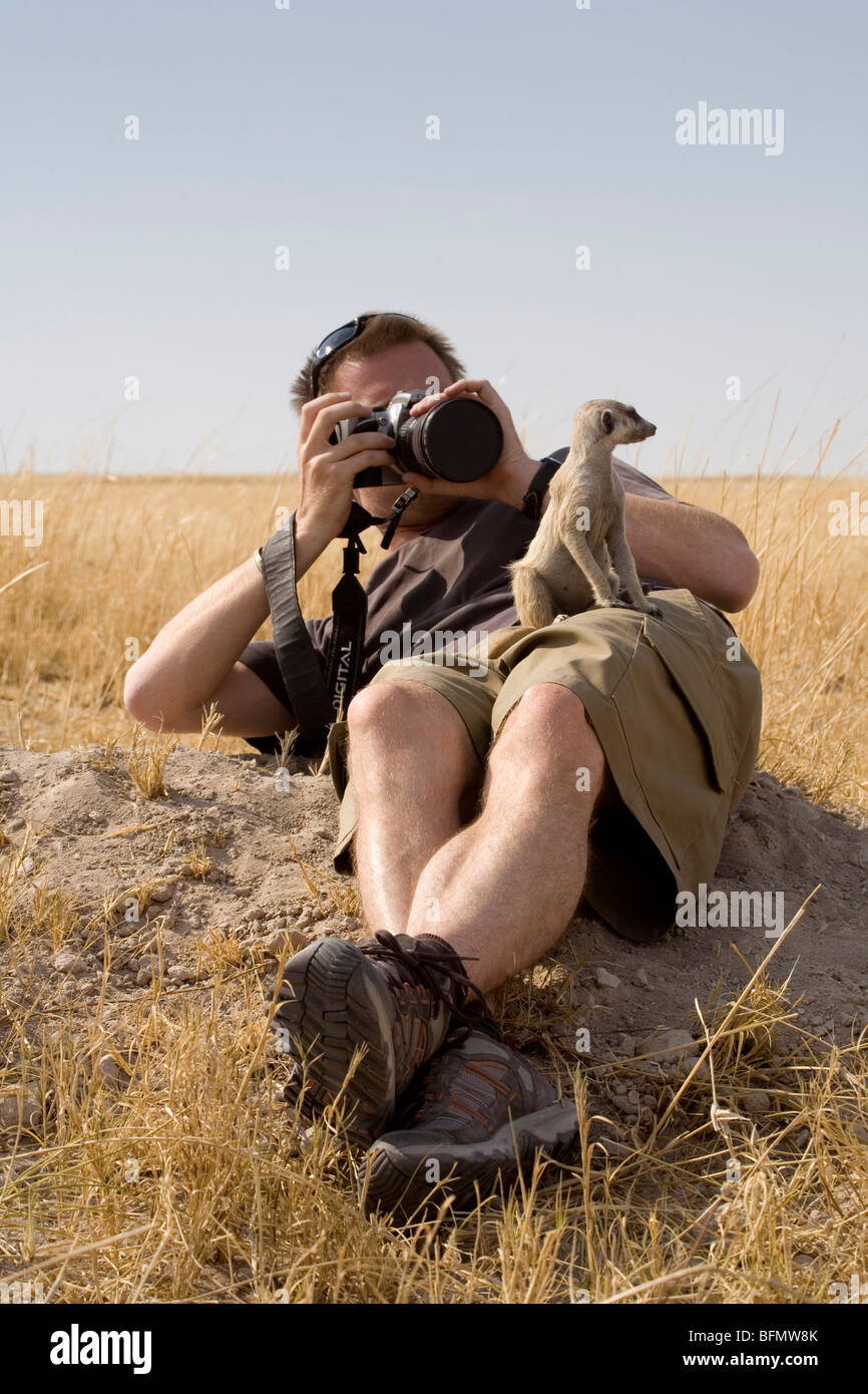 Il Botswana, Makgadikgadi. Un giovane uomo fotografie un meerkat che siede sulla sua gamba Foto Stock