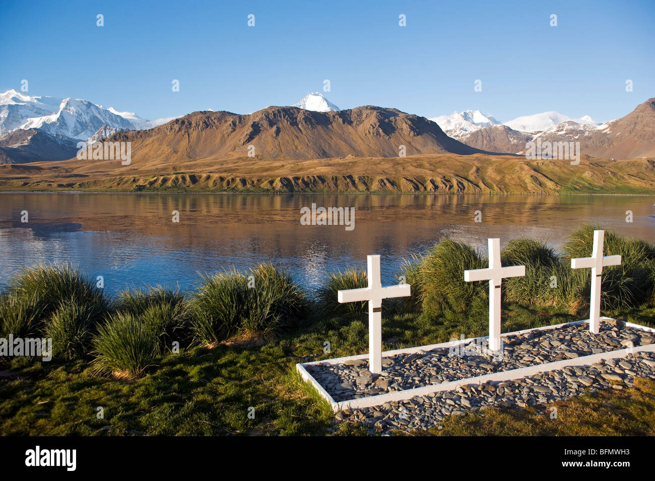 Georgia del Sud e Isole Sandwich del Sud, Sud Georgia, Cumberland Bay, a Grytviken. Tre tombe dalla guerra Falkland conflitto. Foto Stock