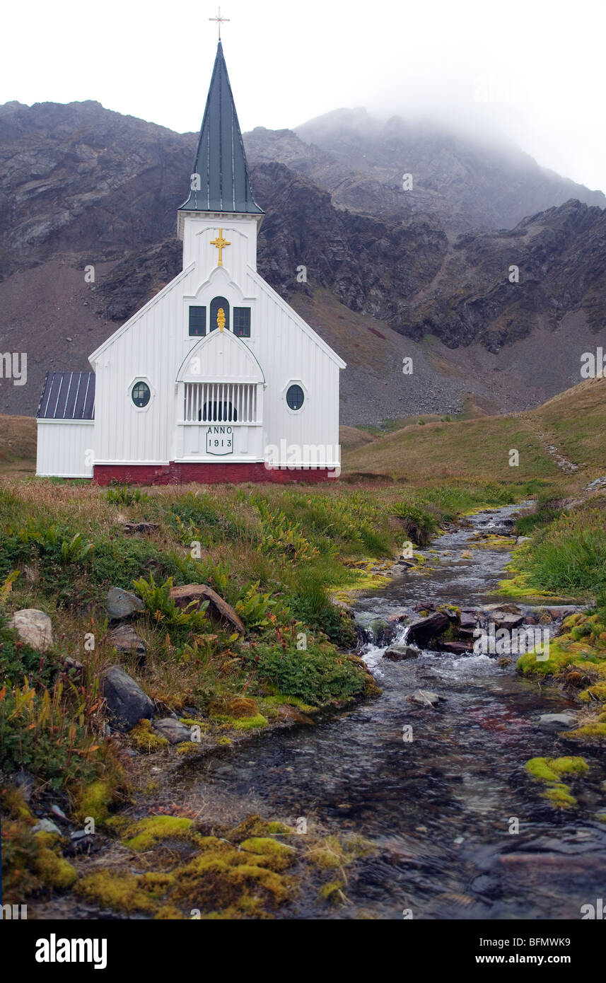 Georgia del Sud e Isole Sandwich del Sud, Sud Georgia, Cumberland Bay, Grytviken.Whalers Chiesa orig. costruito in Norvegia. Foto Stock