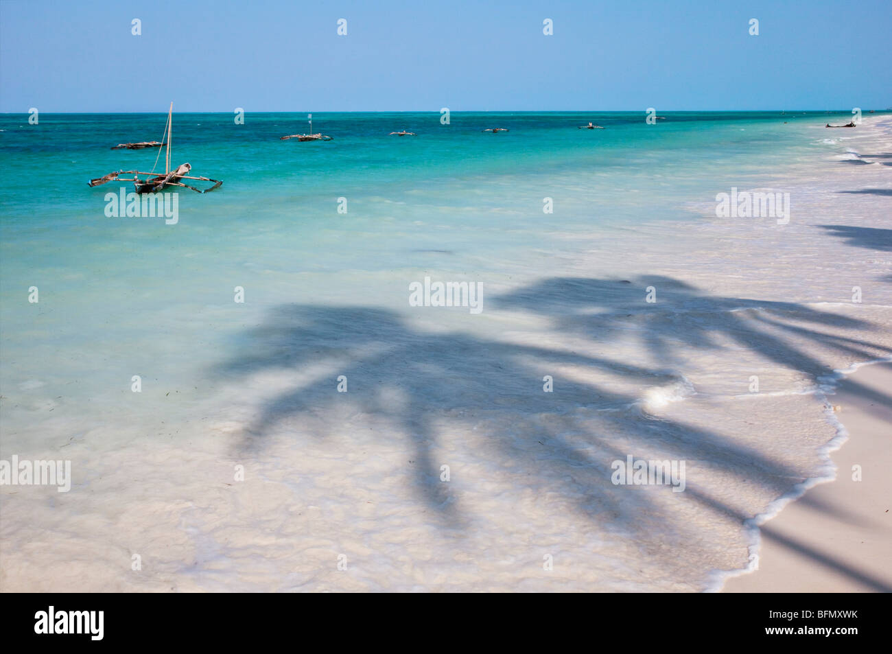 La palma da cocco-rivestita in spiaggia a Jambiani ha una delle più belle spiagge del sud-est dell'isola di Zanzibar. Foto Stock