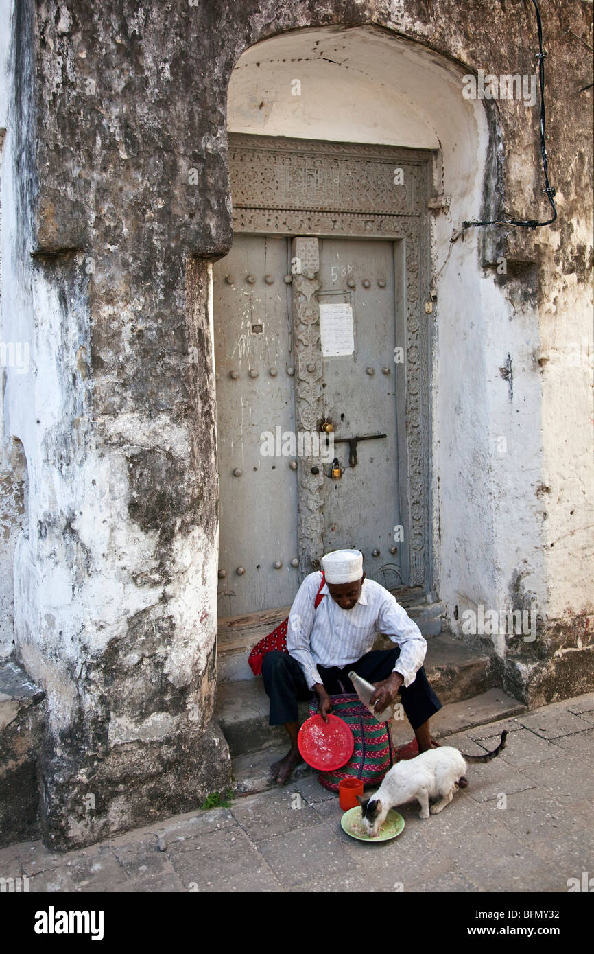 Tanzania, Zanzibar Stone Town. Un vecchio uomo alimenta un gatto randagio in Stone Town. Foto Stock