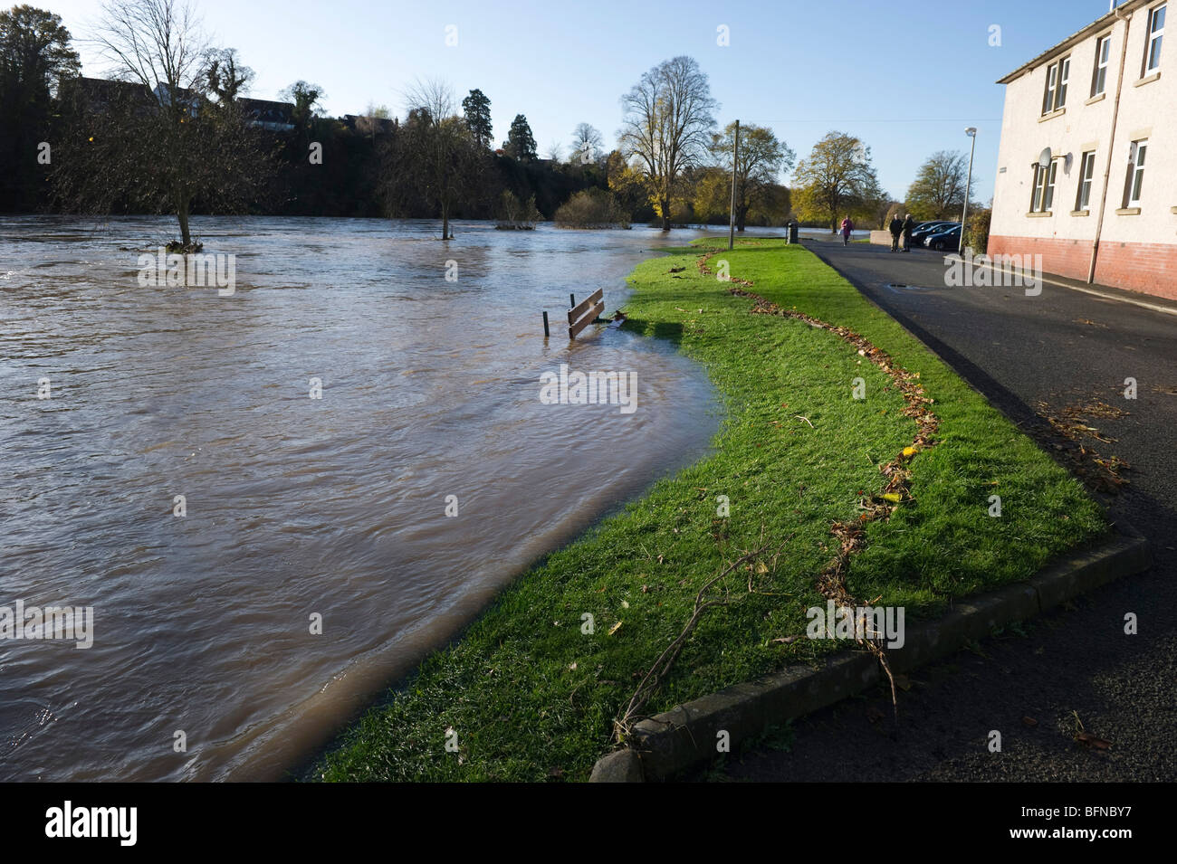 Fiume Tweed a Kelso in Scozia a novembre 2009 l'acqua di allagamento livelli in ondata pesantemente interramento da farm runoff del suolo Foto Stock