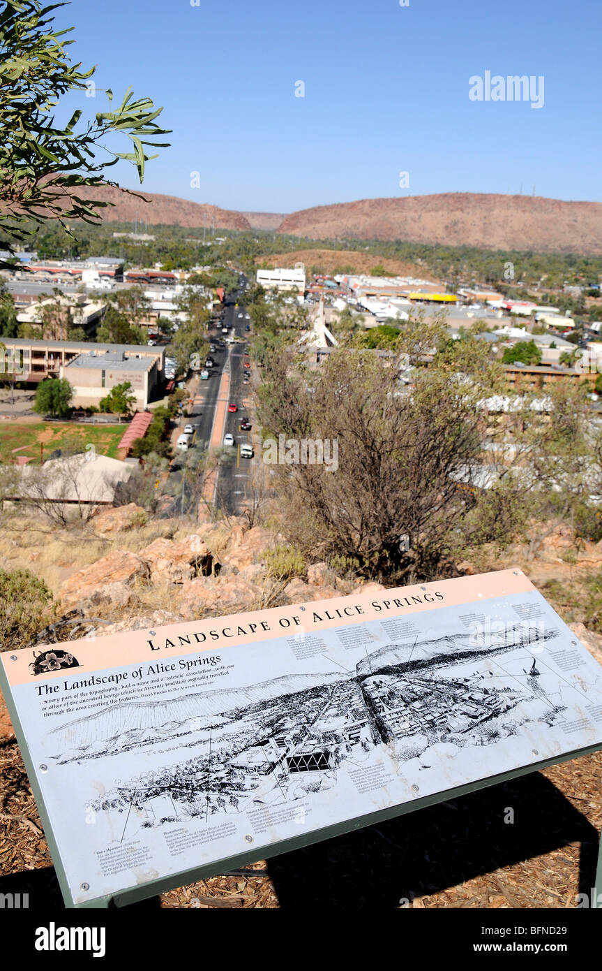 I visitatori di una mappa che mostra la zona circostante di Alice Springs da Anzac Hill, Australia Foto Stock