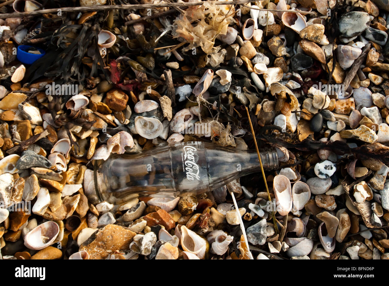 Coca cola bottiglia spazzato fino sulla spiaggia Foto Stock