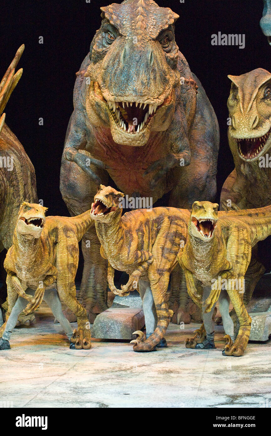 Un 20 piedi Tyrannosaurus Rex e tre Velociraptors featured nel camminare con i dinosauri mostra Foto Stock