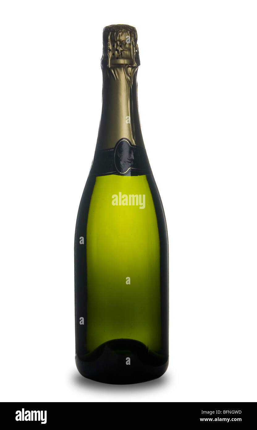 Singola bottiglia di champagne vino isolato su sfondo bianco Foto Stock