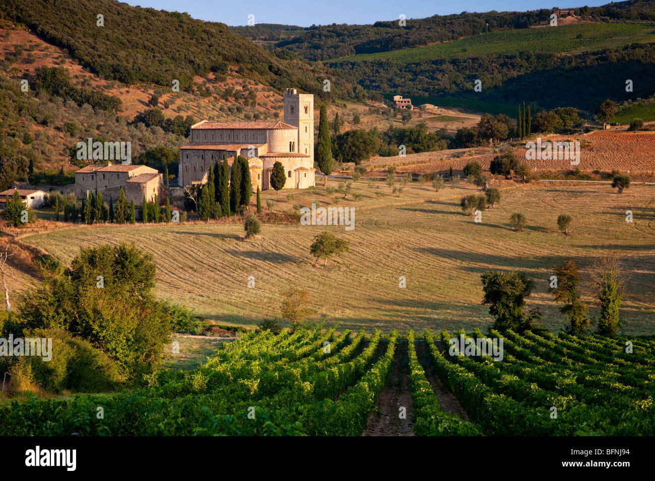 Bellissimo il Sant'Antimo monastero - fondata nel 781 d.c. vicino a Castelnuovo dell'Abate, Toscana Italia Foto Stock