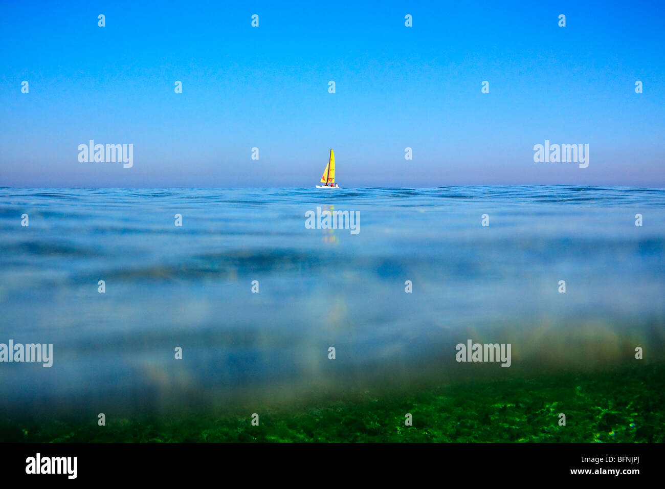 Vista di un catamarano a vela lontano all'orizzonte, mezza immersi in acqua Foto Stock