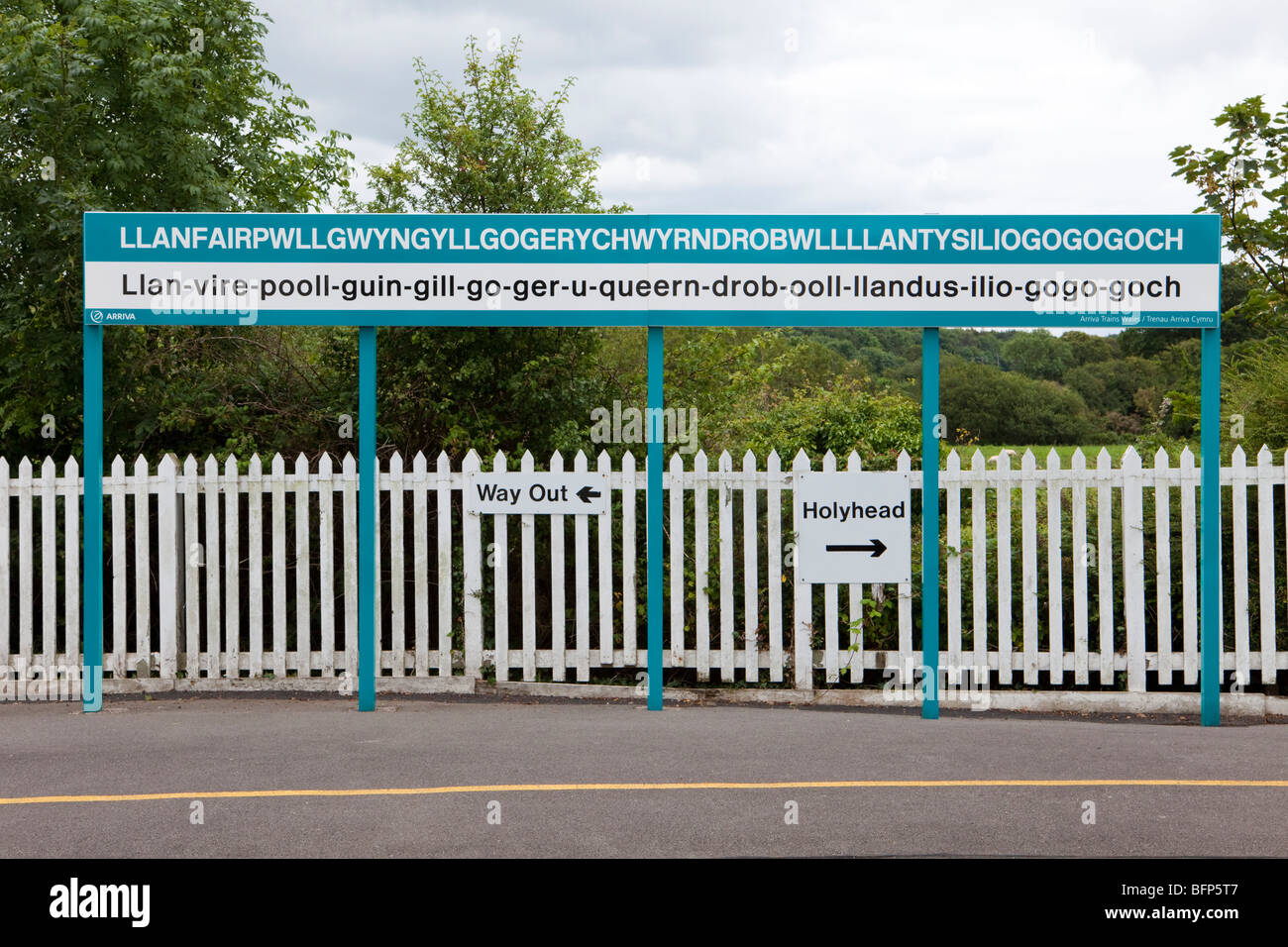 Segno sulla piattaforma della stazione a Llanfairpwllgwyngyllgogerychwyrndrobwllllantysiliogogogoch, Isola di Anglesey, Galles del Nord Foto Stock