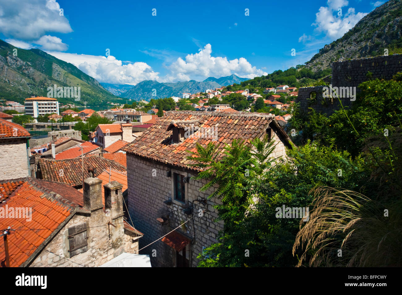 Tetti e facciate alla storica città vecchia di Kotor, Baia di Kotor, Montenegro Foto Stock