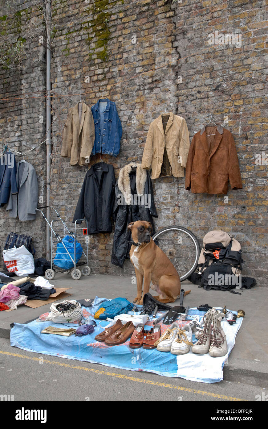 Un cane veglia su di un mercato su misura in stallo Brick Lane, a est di Londra. Foto Stock