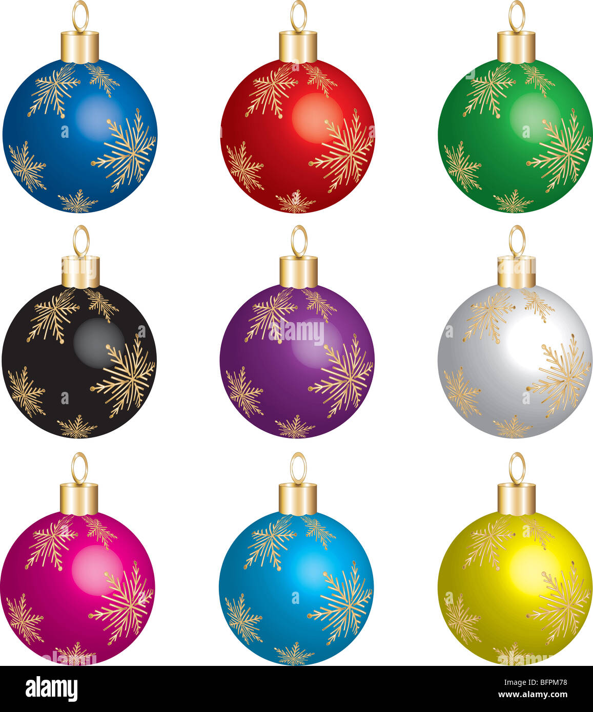Set di 9 decorazioni di Natale con oro fiocchi di neve. Illustrazione Vettoriale foto reale 3D. Foto Stock