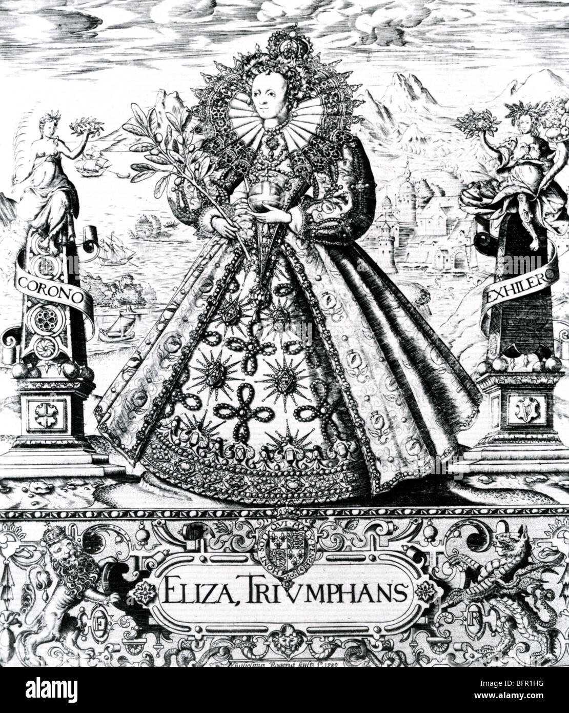 La regina Elisabetta I come Elizabeth trionfante in una incisione 1589 Foto Stock