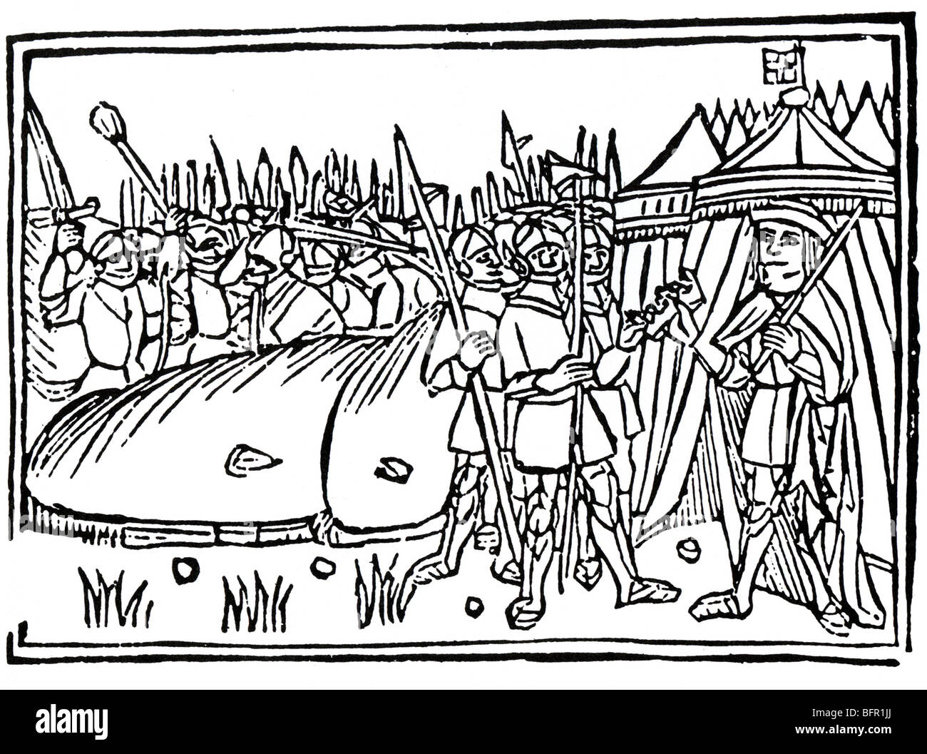 Battaglia di FLODDEN FIELD 1513-'illustrazione contemporanea mostra Re Giacomo IV cedere la sua corona dopo essere stato sconfitto Foto Stock