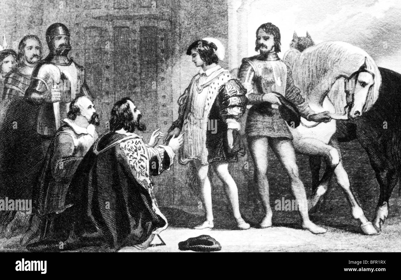 Re Giacomo V di Scozia arriva al Castello di Stirling nel 1528 dopo la fuga cattività Foto Stock