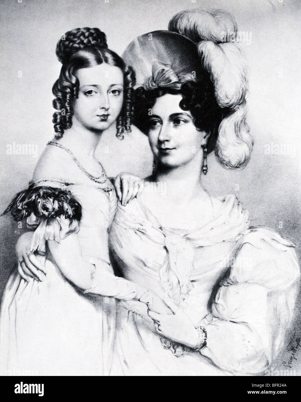 La Principessa Victoria (la futura Regina) con la Duchessa di Kent in un 1834 incisione di George Hayter Foto Stock