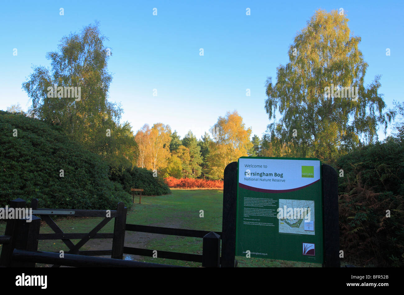 Il cancello di ingresso a Dersingham Bog Riserva Naturale Nazionale. Foto Stock