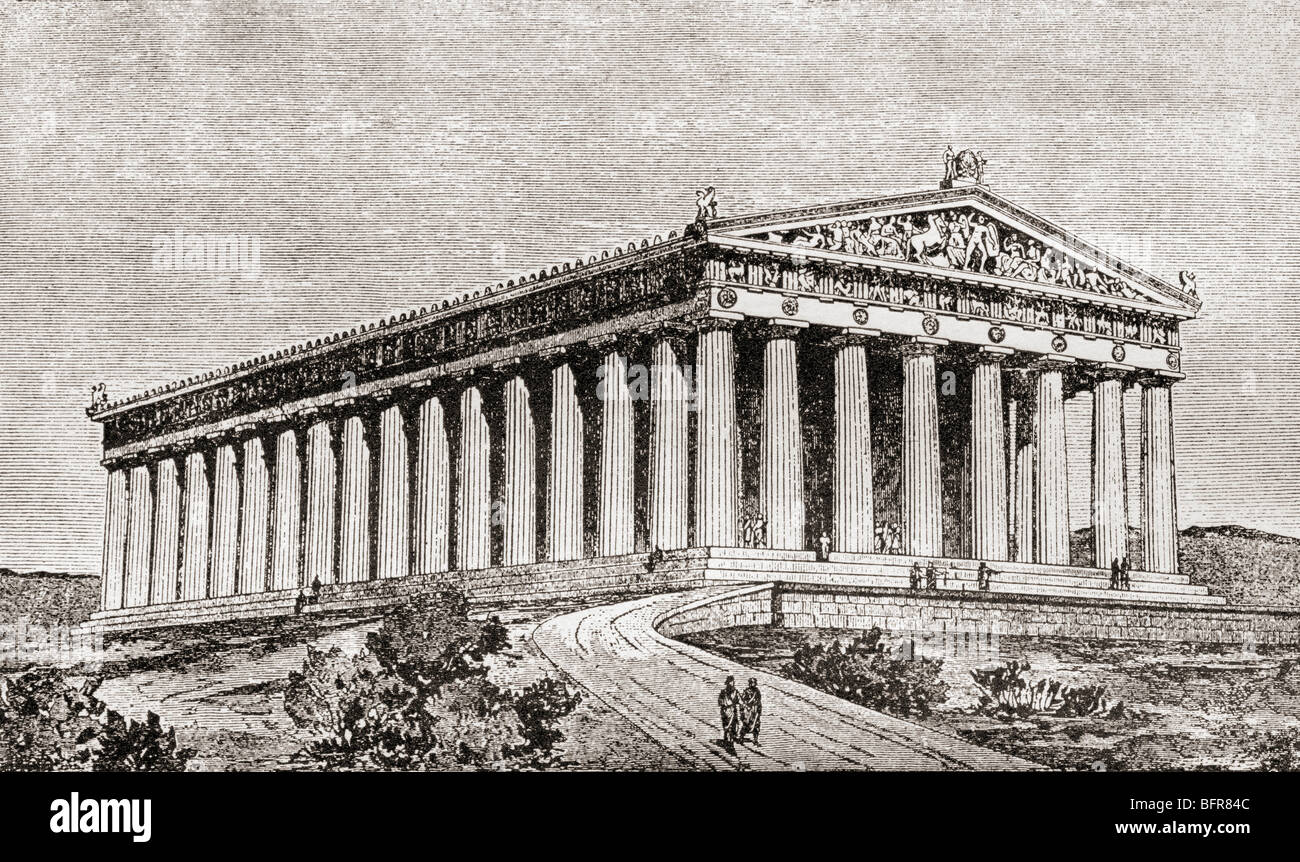 Esterno del Partenone di Atene, Grecia come sarebbe apparso in tempi antichi. Foto Stock