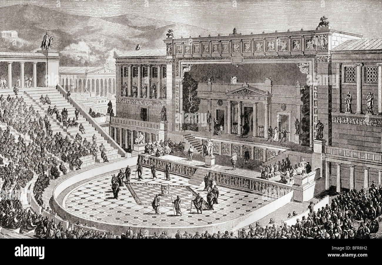 Il Teatro di Dioniso, Atene, Grecia come sarebbe apparso in tempi antichi. Foto Stock