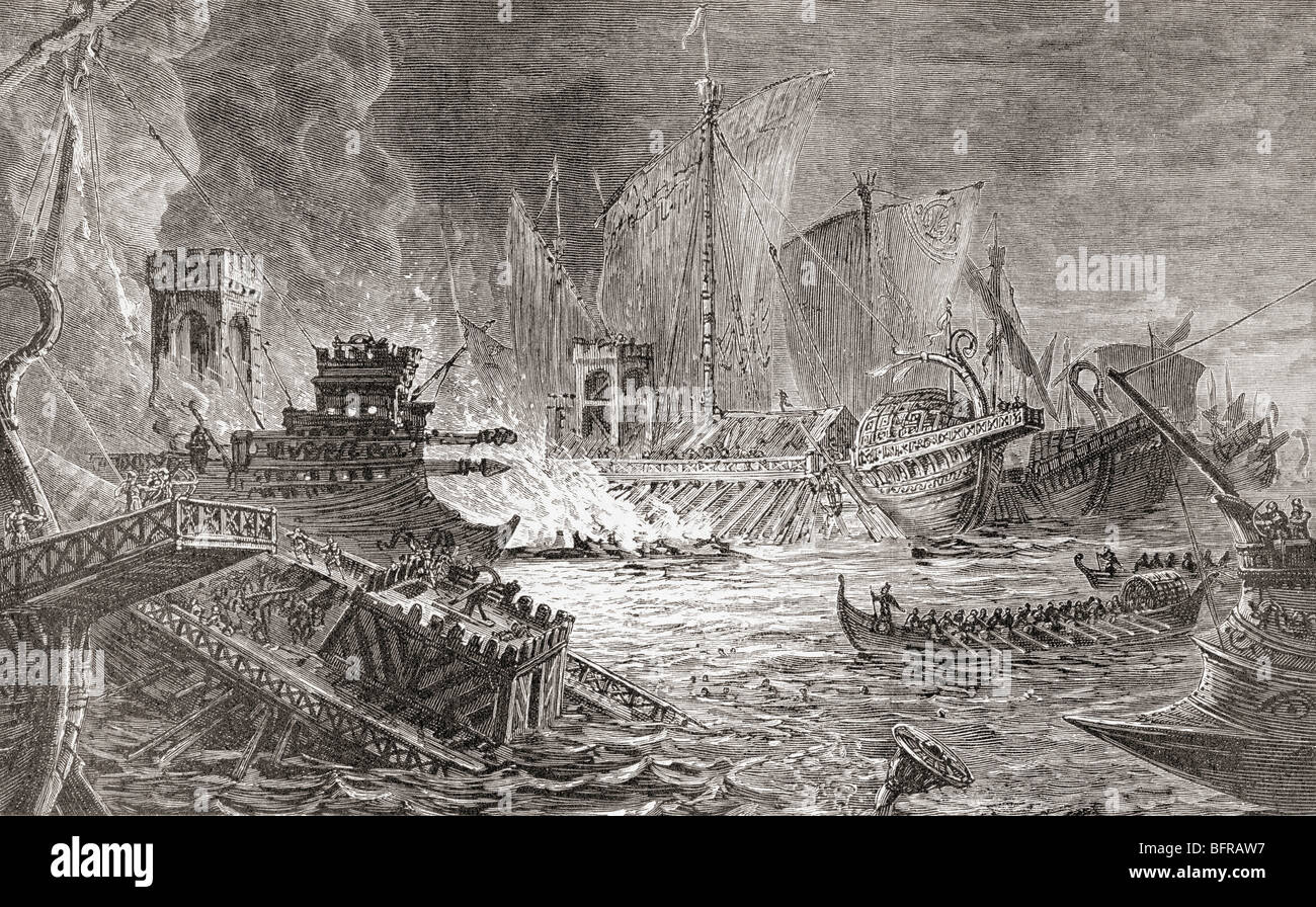 La battaglia di Azio, alla quale Ottaviano sconfitto Antonio e Cleopatra nel 31 A.C. Foto Stock