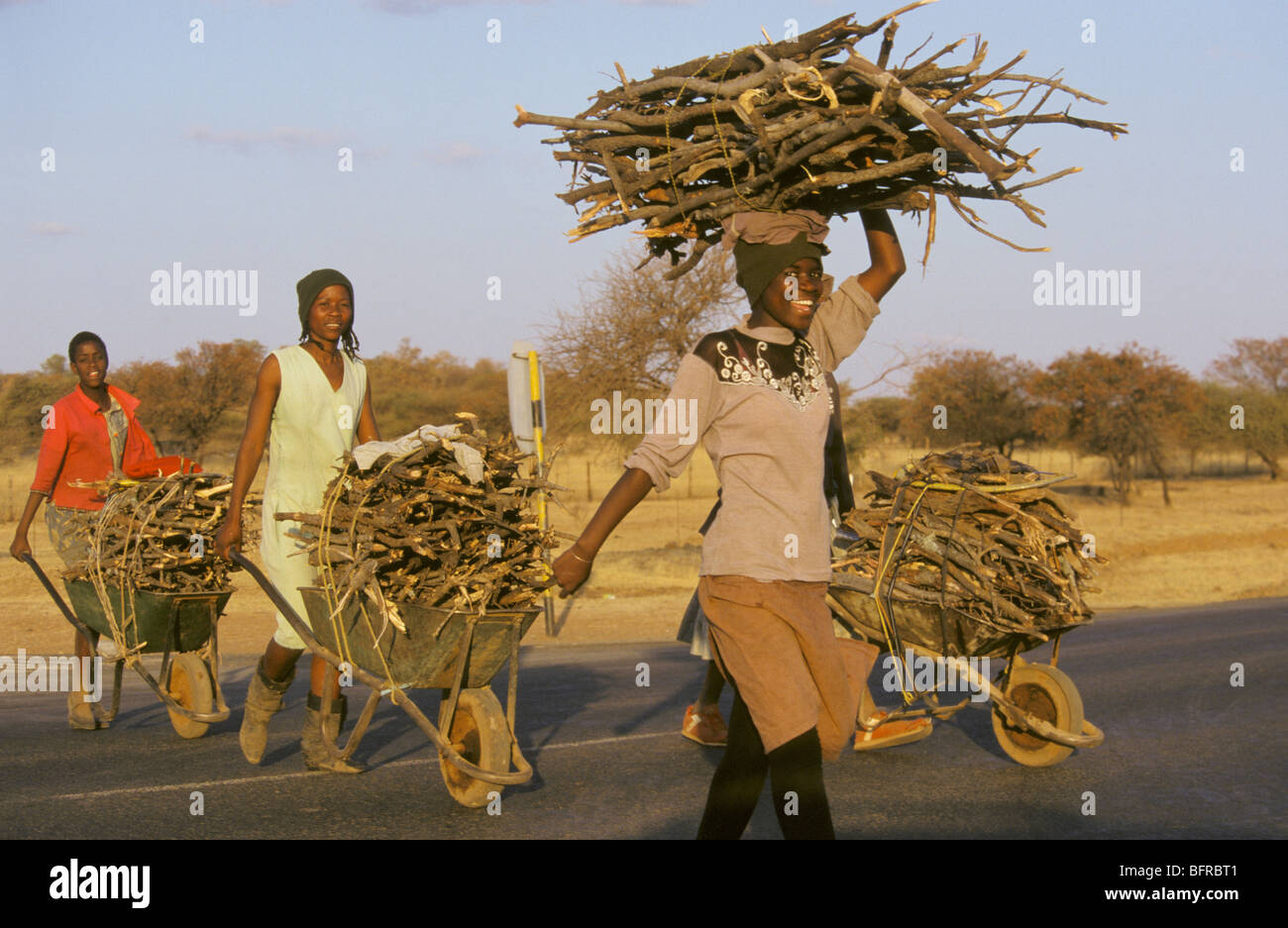 Un gruppo di giovani donne con raccolte di legna da ardere in carriole uno con una pila bilanciato sulla sua testa Foto Stock