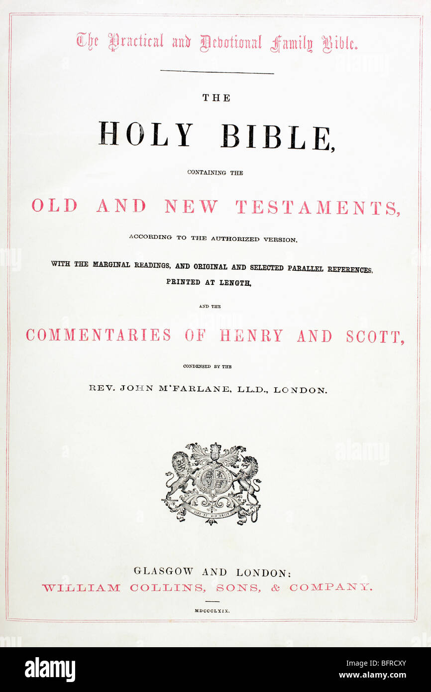 Pagina del titolo dalla Sacra Bibbia pubblicata da William Collins, figli, & Company nel 1869. Foto Stock